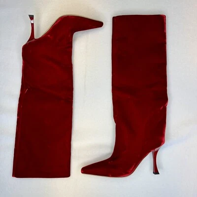 Jimmy Choo 90 Rojo Chad Tacón Terciopelo Hasta la Rodilla Puntera Cuadrada Bota Talla IT 36 Foto 1 de 4