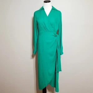 Neu Rachel Zoe Leinenmischung Kragen Wickel Stil Kleid Größe 2 Damen grün Midi - Bild 1 von 12