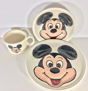 Vintage 70er Mickey Mouse Keramik 3 Geschirr Set Becher Schale Teller Disney 3D Handbemalt - Bild 1 von 12
