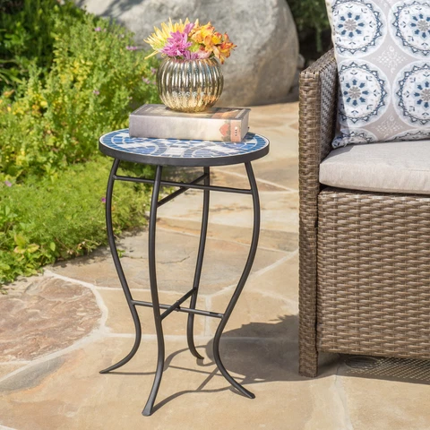 Kenny Outdoor Ceramic Tile Side Table with Iron Frame, Blue & White Cover