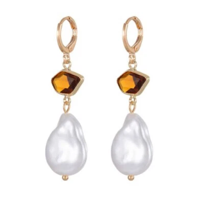 Pendientes de gancho colgantes enchapados en oro con gemas de citrino de Brasil con perlas barrocas irregulares Foto 1 de 4