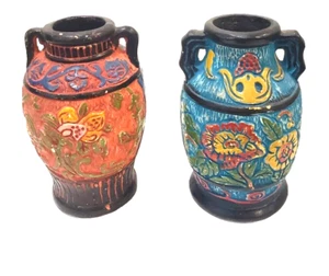 Jarrones tallados vintage urnas naranja y azul con asas 4-1/2" Japón ocupado 2 - Imagen 1 de 14