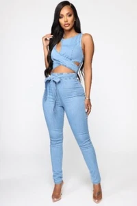 New W Tags Fashion Nova Women's 3XL Cut Out The Haters Light Wash Denim Jumpsuit - Picture 1 of 13