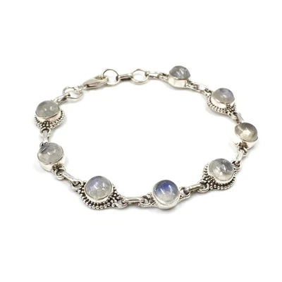 Bracciale in argento 925 pietra di luna rotonda cabochon gioiello braccialett... - Immagine 1 di 4