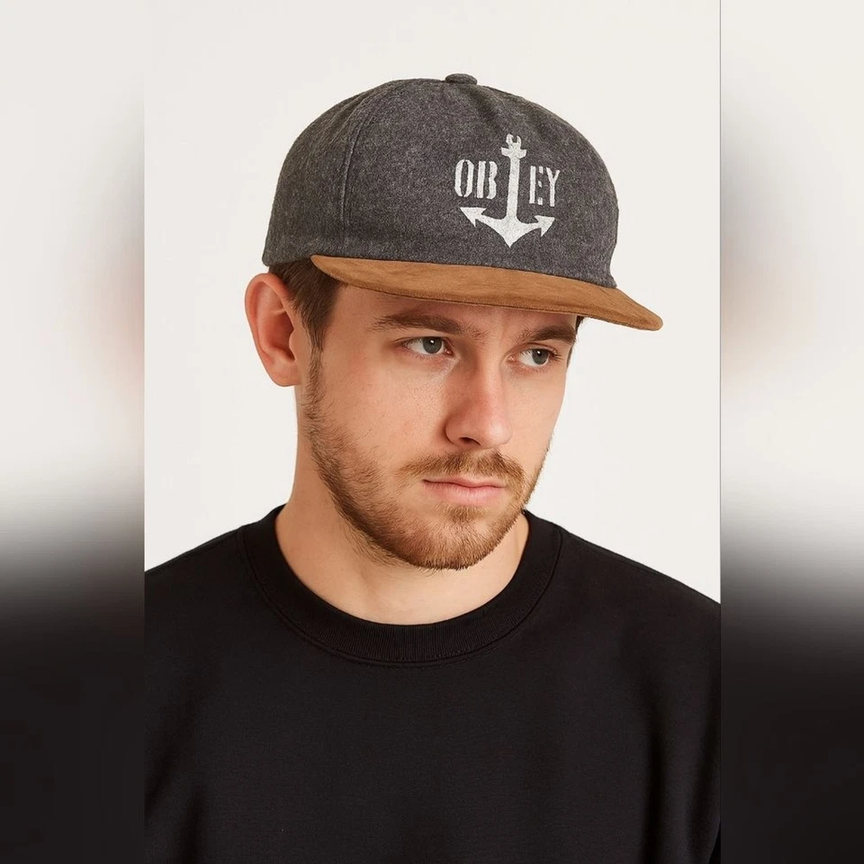 Chapéu Snapback Obey Mescla de Lã Logotipo Âncora Aba Marrom Cinza Streetwear Skatercore - Imagem 1 de 4