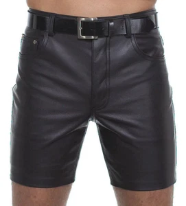 Pantalones cortos de cuero de piel de cordero negros para hombre 5 bolsillos pantalones cortos de cuero elegantes para motociclista - Imagen 1 de 7