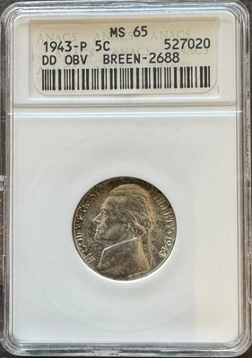 1943-P DDO (Eye) FS-106 Jefferson Nickel ANACS MS65  Old Holder Free US Shipping - Image 1 of 4