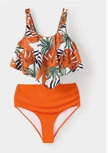 2 PC Tankini Swimsuit Bathing S-M Tropical Lined Bra Pool Beach Surf Ruffles - Picture 1 of 8