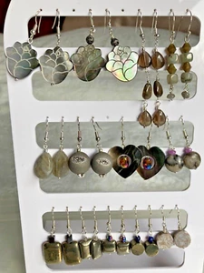 Grey Stone or Shell Bead Dangle Earrings on Silver Plated Hooks - Picture 1 of 82