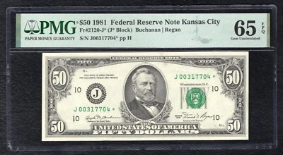 FR. 2120-J* 1981 $50 *STAR* FRN KANSAS CITY, MO PMG GEM UNCIRCULATED-65EPQ - Image 1 of 2