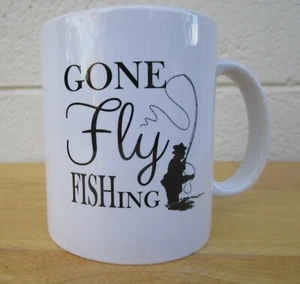 White "Gone Fly Fishing" Ceramic Coffee Mug Cup Fisherman Silhouette 12 oz PEARL - Picture 1 of 10