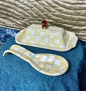 New MacKenzie-Childs Parchment Check BUTTER DISH Box Rectangular + Spoon Rest - Picture 1 of 24