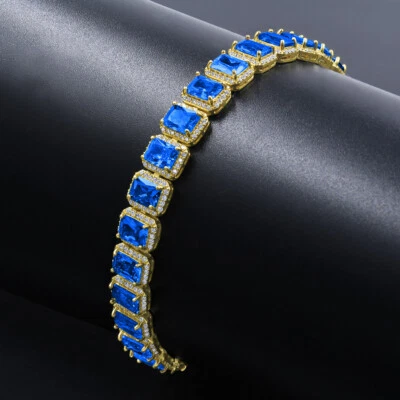 Blue Sapphire Solitaire Unisex Bracelet 14K Gold Finish Simulated Diamonds 8.5'' - Image 1 of 4