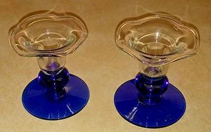 Pair Cobalt Blue Glass Candestick Clear Princess House Taper Candle Crystal Rare - Picture 1 of 5