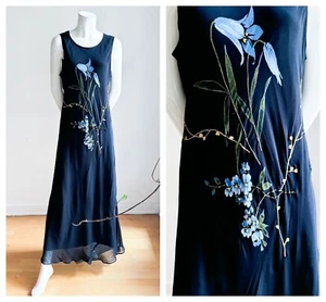 Maxi Vestido DB USA Vintage Años 90 Y2K Negro Gasa Floral Cuentas Corte Sesgado L - Imagen 1 de 8