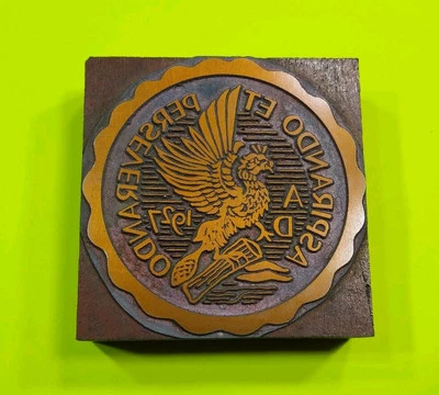 Antique VTG Winged Griffin Crest School Seal Letterpress Type Ornament Cut Block - Image 1 of 2