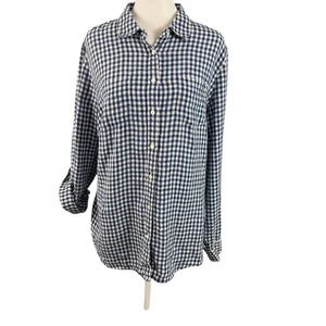 Talbots XL 100% Leinen Hemd mit Knopfleiste dunkelblau Gingham-Karo Rollriegelärmel - Bild 1 von 12