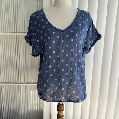 Italian Linen Blouse Women M/L Blue Polka Dot Spot Woven/Knit S/Sleeve Italy - Image 1 of 4