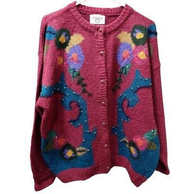Cervelle Vintage Knit Cardigan Sweater Floral Embellished Button Down - Image 1 of 3
