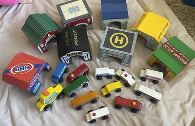 Lakeshore Wood Community Block Kids Play Set Garages, Trains, Cars Lot of 20 - Image 1 of 4