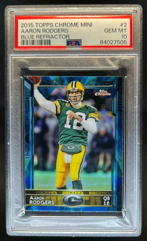 2015 Topps Chrome Mini Aaron Rodgers Blue Refractor #2 Packers PSA 10 - Image 1 of 2