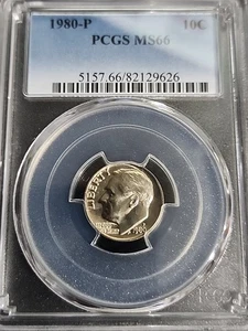 1980-P 10C Clad Uncirculated Roosevelt Dime-PCGS Grade MS66 Free Shipping  - Picture 1 of 2