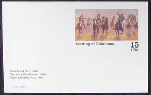 USA 15¢ printed postcard SETTLING of OKLAHOMA, 1989. - Picture 1 of 1
