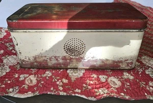 Metal Tin Biscuit Bread Box Distressed Vented Red White - Picture 1 of 10