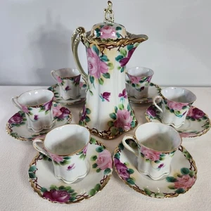 Bone China NIPPON~H. Bemalt ~ Schokoladentopf & Demitasse Tassen + Untertassen ~ KOHLROSE - Bild 1 von 21