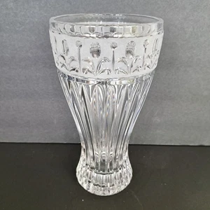 Vaso vintage grande cristallo piombo trasparente cristallo piombo a coste vetro inciso pesante 9" - Foto 1 di 7