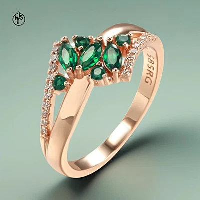 hochwertiger Damenring mit 10 grünen Zirkonia Vergoldet Rosegold - Bild 1 von 4