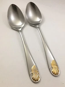 Yamazaki CELINE GOLD Accent Stainless 18/8 Japan 2 Oval Soup Spoons Flatware - Picture 1 of 5