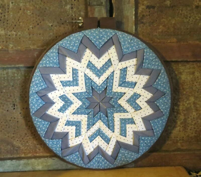 Quilted Star Primitive Country Farmhouse Quilt pc Blue White in Embroidery Hoop - Image 1 of 4