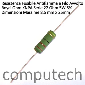 22 Ohm 5W 5% Resistenza fusibile antifiamma a filo avvolto Royal Ohm KNPA Serie - Foto 1 di 1