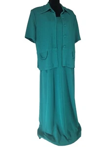 VTG SIZE 16 KARIN STEVENS EMERALD GRN JERSEY KNIT TANK DRESS w SHORT SLV JACKET - Picture 1 of 11