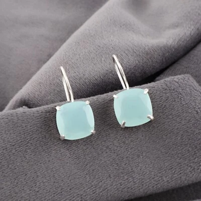 Aqua Chalcedony Gemstone Stud Hook Earrings 925 Sterling Silver Handmade Jewelry - Image 1 of 4