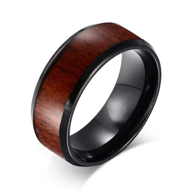 Anillo de compromiso retro de acero de tungsteno con incrustaciones de patrón de madera de 8 mm para hombre talla 7-12 Foto 1 de 4
