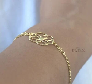 14K Gold Flower Of Life Charm Chain Bracelet Size-6.5 to 7.5" Wrist - Picture 1 of 4
