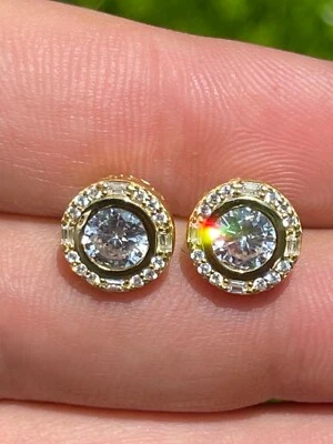 14k Gold Plated 925 Silver Iced Solitaire CZ Hip Hop Earrings Studs Large - Image 1 of 4
