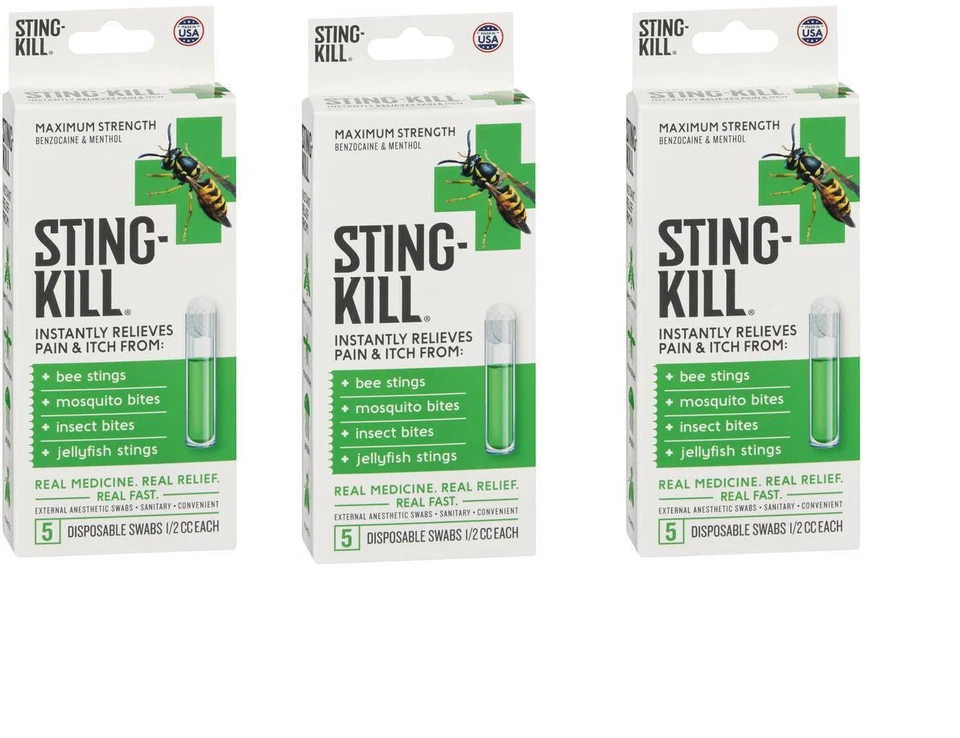 STING KILL Sting-Kill Bee, Jellyfish sting, Insect Bite Treatment Swabs 5ct THREE PACK