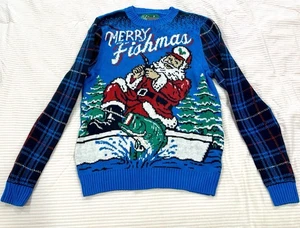 Mujer Feo Navidad Suéter Azul Tartán Talla Pequeña Feliz Navidad Papá Noel - Imagen 1 de 5