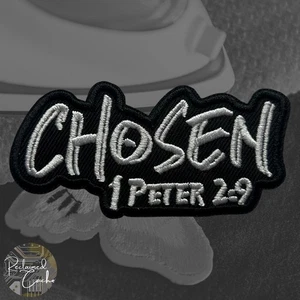 Chosen Iron On Patch Black and White Embroidered Religious Christian Applique - Picture 1 of 3