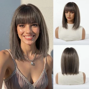 Short Dark Brown Highlights Bob Synthetic Wig with Bangs for Women Straight Hair - Picture 1 of 11