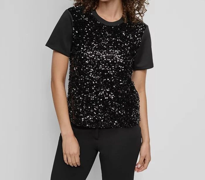 DKNY Womens Black Sequin Solid Crewneck Short-Sleeve Blouse Top Size S