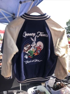 Vintage Looney Tunes Genuine Leather Varsity Jacket Warner Bros 1995 Blue White - Bild 1 von 6