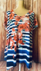 Women’s XXL Blouse Time Tru Floral Striped Short Sleeves V Neck Rhinestones Soft - Picture 1 of 13