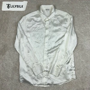 LILYSILK Herren 100 % Maulbeerseide weiß Satin Langarm geknöpftes Hemd Medium - Bild 1 von 16