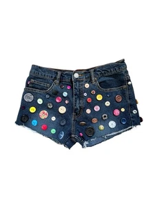 WOMEN'S/LADIES 70’S VINTAGE CLOTHES, BLUE DENIM FESTIVAL BUTTON SHORTS, 8 - Picture 1 of 5