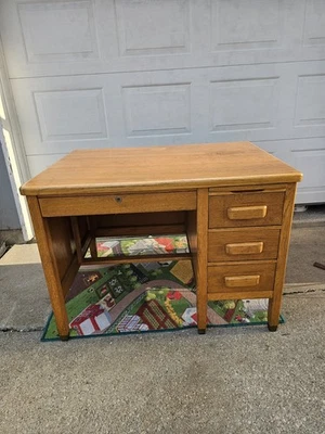 1951 Solid Oak Dovetailed Teacher Knee  Hole Desk with Brass Feet- VERY NICE - Image 1 of 4