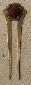 Vintage Art Deco Hair Pick Clip Comb Brass Metal Two Prong Mounted Carved Stone - Picture 1 of 7